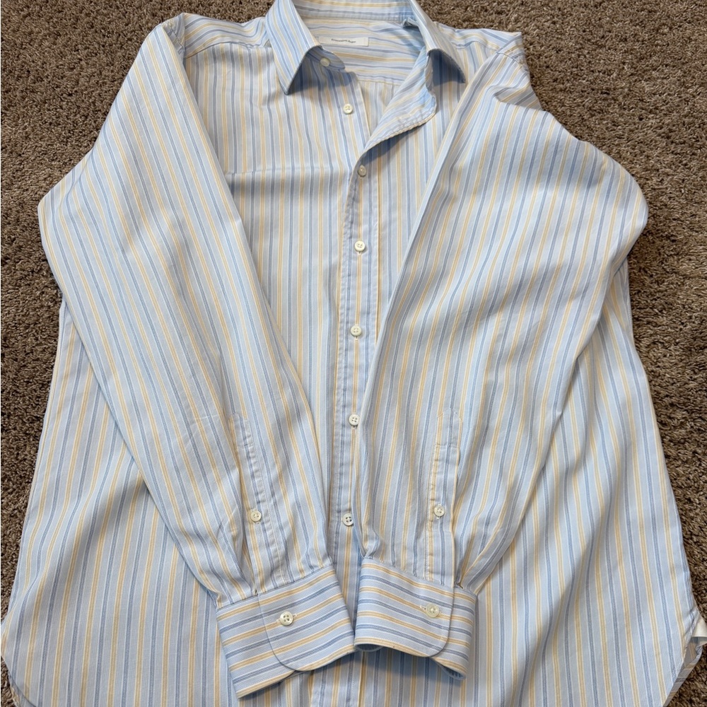 Ermenegildo Zegna Light Blue Yellow Stripe Dress Shirt 16.5 Cotton Portofino - Picture 7 of 11